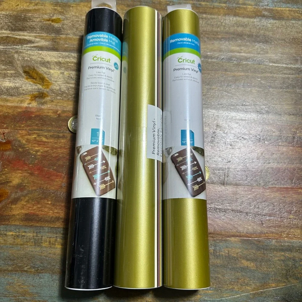 Cricut Premium Vinyl Removable Matte 12x48 Black Gold Essentials Sampler 3 Rolls